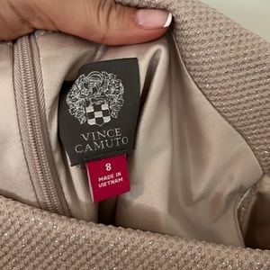 VINCE CAMUTO off the shoulder dress, tan shimmery dress.